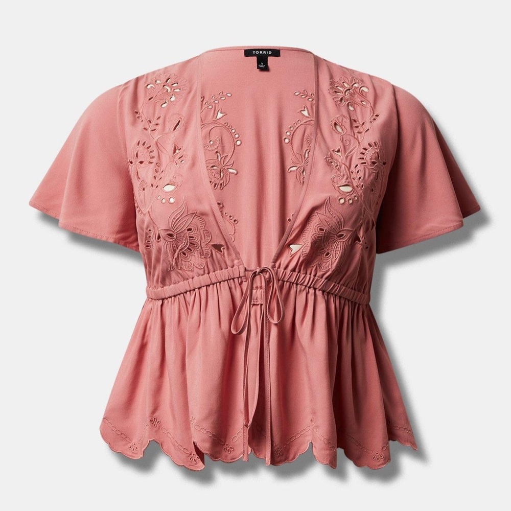 TORRID Eyelet Challis Tie Front Third Piece Dusty Rose NWT